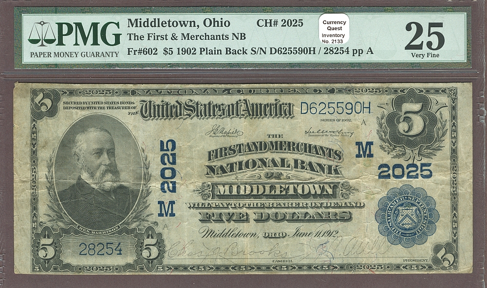 Middletown, OH, 1902PB $5, Charter #28254, First & Merchants NB, VF